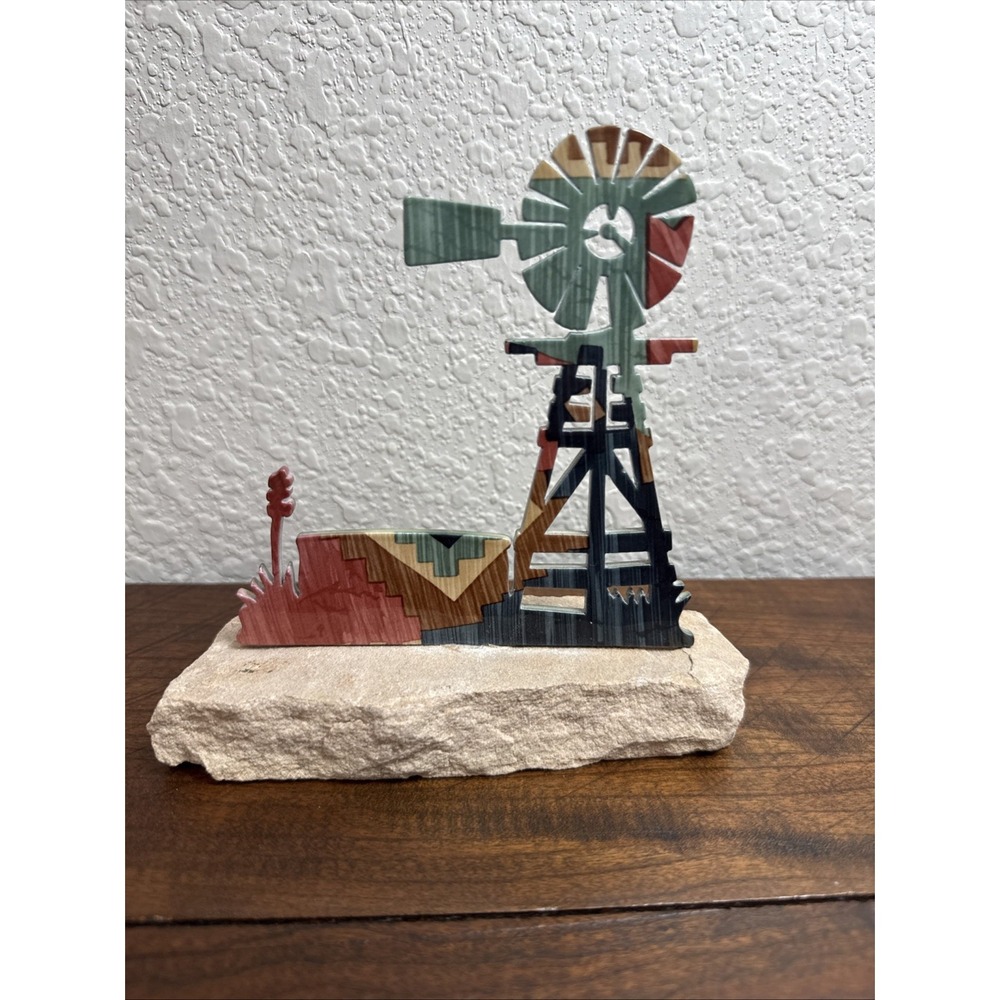 Vintage LAZART Windmill Metal Sculpture On Sandstone Base,  6" tall SW DESIGN